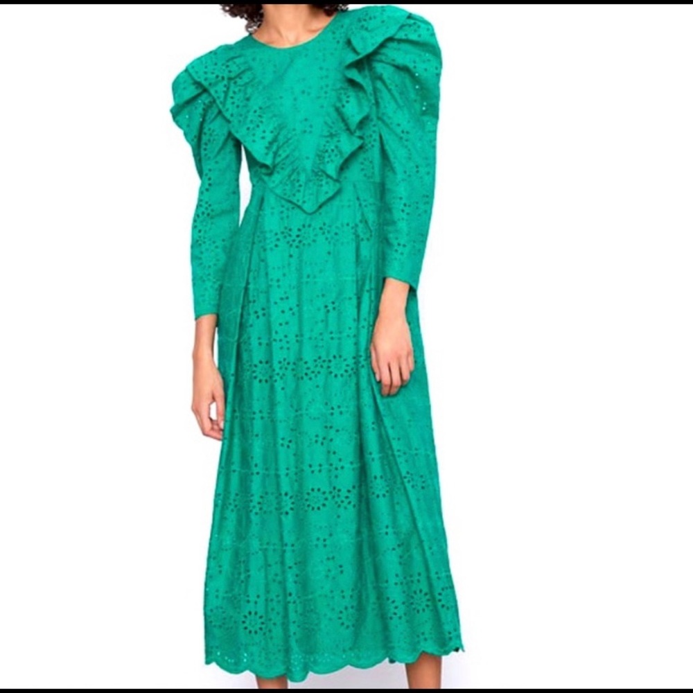 zara embroidery ruffled puff sleeve dress green